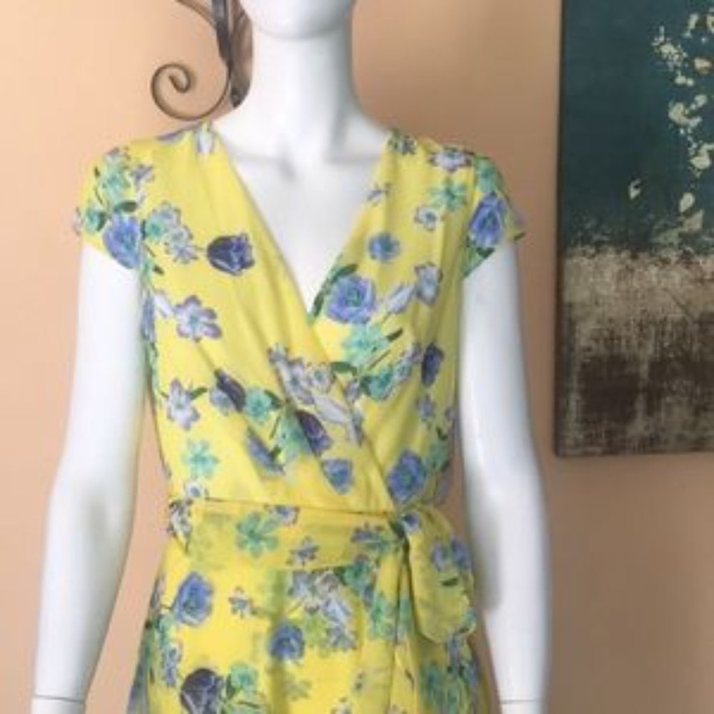 Jessica Howard Yellow faux wrap with Bleu Floral print, Midi Dress size 6